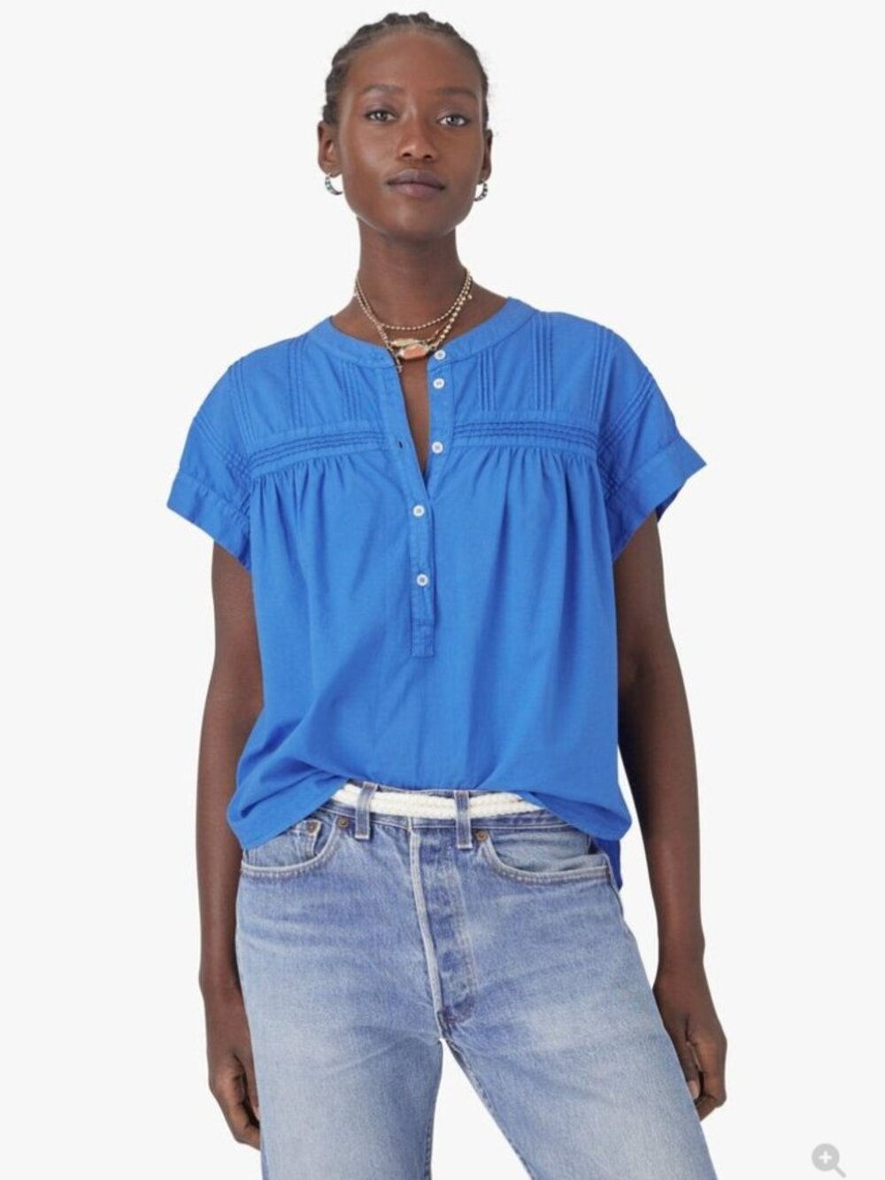 Xirena Audrey True Blue Cotton Poplin Henley Popover Sm Pintucked Coastal Breezy